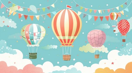 A cartoon illustration of hot air balloons in the sky.