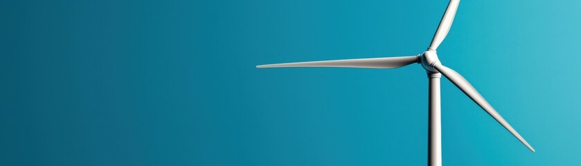 A sleek wind turbine stands against a vibrant blue background, symbolizing renewable energy and sustainability in modern technology.