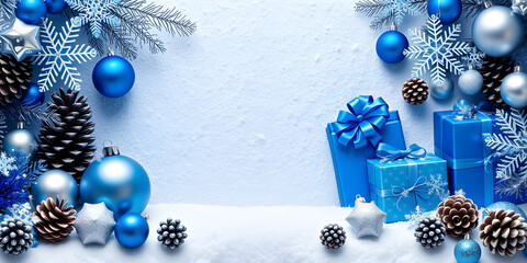Christmas background with ornaments, pine cones, presents. Christmas background