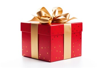 Obraz premium Red gift box wrapped with gold bow and ribbon white background celebration anniversary.