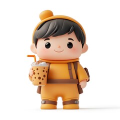 3D cartoon human character drinking bubble tea
