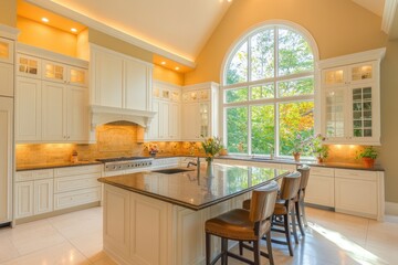 A bright, modern kitchen with an island and large windows overlooking greenery.