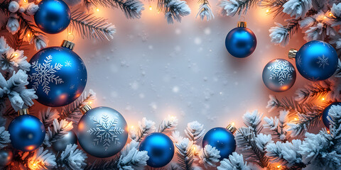 Christmas background with ornaments, pine cones, presents. Christmas background