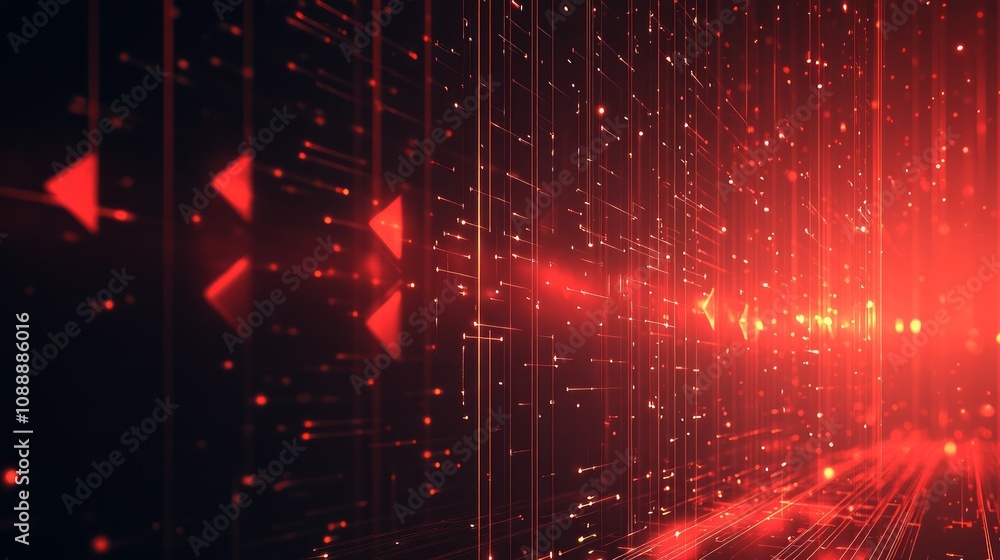 Poster abstract red digital data stream, glowing lines and particles.
