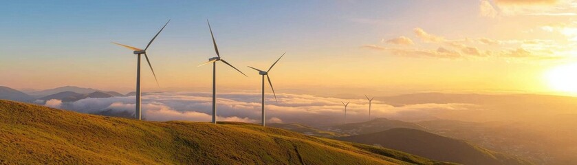 Obraz premium A scenic view of wind turbines on rolling hills at sunset, highlighting renewable energy against a backdrop of clouds and mountains.