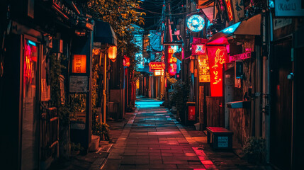 Obraz premium Colorful alleyway illuminated by neon lights in a vibrant urban environment at night