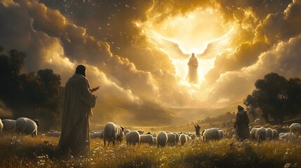 Shepherds watching their flock in a field looking at an angel in the sky, emanating light