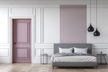 Serene Herringbone Wood Bedroom with Pink Door and Elegant Lighting.