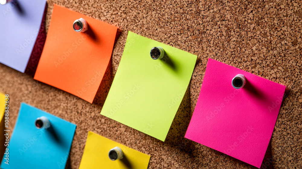 Poster new year plan 2025 and resolutions concept. a vibrant array of sticky notes pinned to a corkboard, s