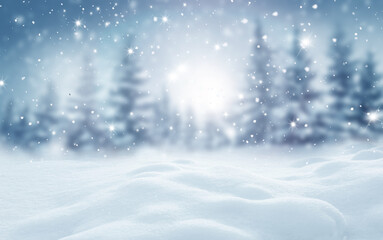 Winter  background .Merry Christmas and happy New Year greeting card with copy-space. Christmas landscape with snow and fir tree