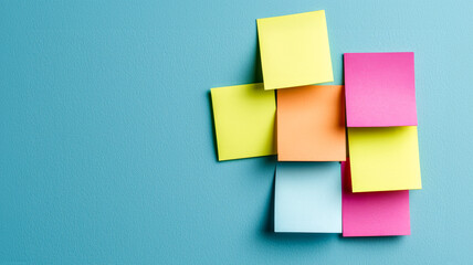 New year plan 2025 and resolutions concept. A colorful arrangement of sticky notes on a blue background, ideal for brainstorming, reminders, or organizing thoughts creatively.