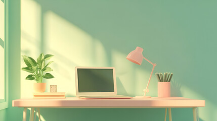 Minimalist desk with pastel pink lamp and small green plant laptop open and ready for work