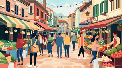 Obraz premium A colorful illustration of an outdoor market in a European town.