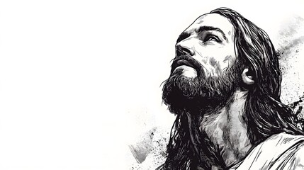 Sketch of Jesus Christ on white background with copy space 