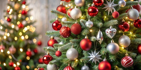 Decorated Christmas tree adorned with red and silver ornaments