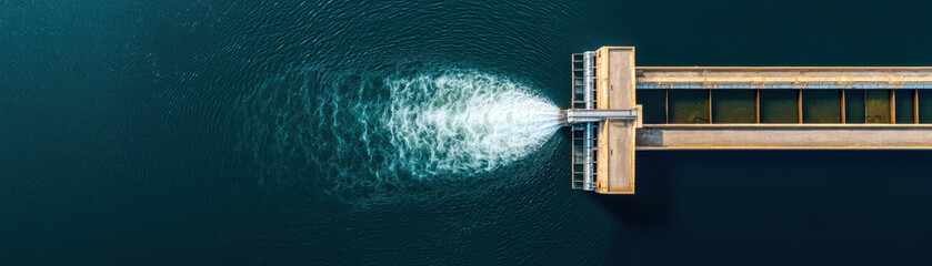 Water Crisis Management Resources Concept. A serene aerial view of a wooden pier extending over...