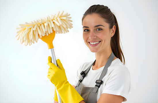 Right side of the image is a portrait of a smiling woman looking into the camera, a cleaning woman in yellow gloves holding a mop, white background. Selective focus, blurred background.