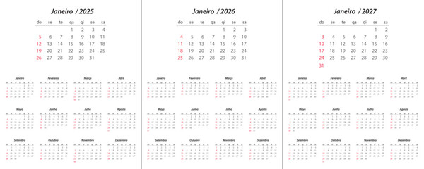 Calendar 2025, calendar 2026, calendar 2027 on portuguese language week start Sunday