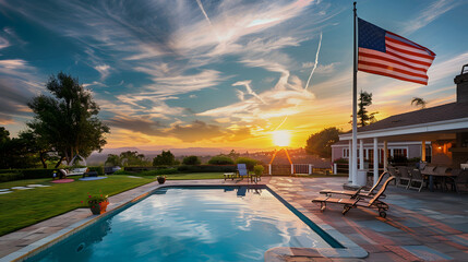 backyard at sunset with swimming pool and american flag for 4th of july celebration, backyard, sunset with a white accent, cinematic, png
