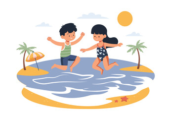 Two children happily jumping on a beach with palm trees and a sun in the sky. Vector illustration