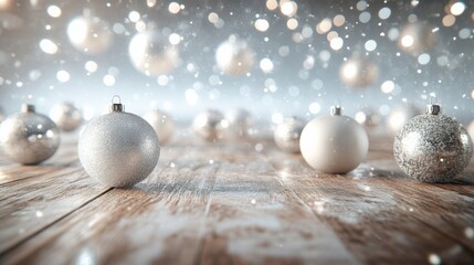 Fototapeta premium Festive Silver Ornaments with Snowflakes on Rustic Wooden Table