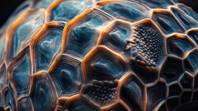 Close-up of a turtle shell, showcasing the intricate patterns and textures.