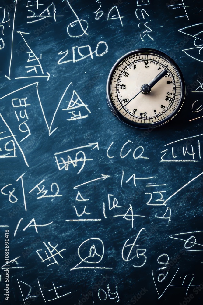 Poster time and math vintage clock face on chalkboard with abstract mathematical formulas and equations