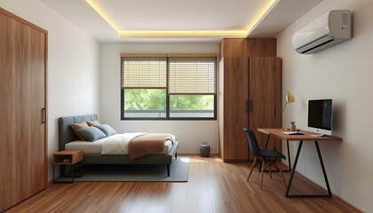 Fototapeta premium Modern Minimalist Bedroom Interior Design with Wooden Accents
