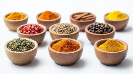 Aromatic Spices in Wooden Bowls Turmeric, Paprika, Cinnamon, and More - High-Resolution Stock Photo