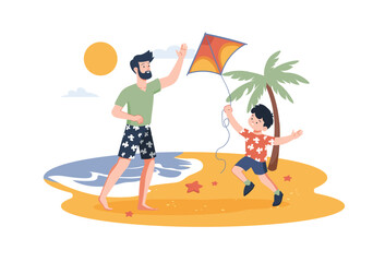 A father and son play at the beach with a kite. The son joyfully runs while the father waves. Vector illustration