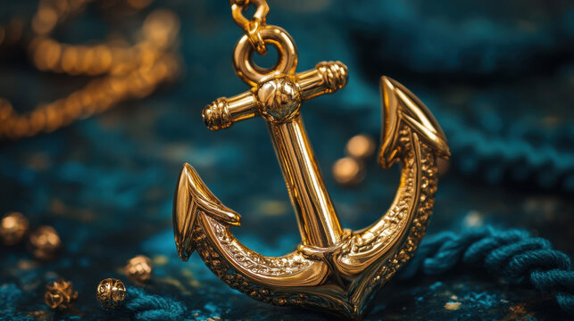 gold anchor pendant with intricate ornaments, resting on textured surface, evokes sense of elegance and maritime charm