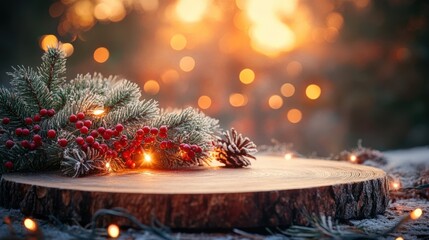 Festive Holiday Arrangement with Pine, Berries, and Warm Light Bokeh