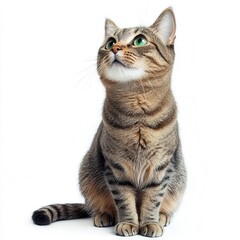 Fototapeta premium Adorable Tabby Cat with Striking Green Eyes Gazing Upward, Isolated on White Background - Perfect for Pet, Animal, and Veterinary Websites