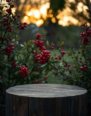 Wood podium. Shrubs with red berries on the background. Summer. Shrubs with red berries on the background. Summer. The background is blurred. very precise details, dramatic dutch light.