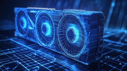 Futuristic blue neon graphics card on digital grid