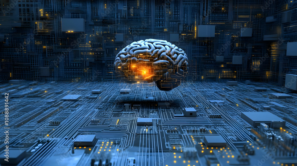 Poster 3d rendered brain with glowing circuits in a digital world, symbol of artificial intelligence