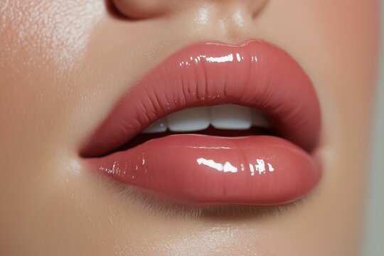 Close-up of soft, glossy lips showcasing a natural, nude lipstick for beauty and cosmetic products.