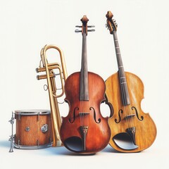 Studio Shot of Violin, Viola, Trumpet, and Drum Kit Classical and Jazz Musical Instruments Together