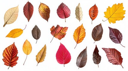 Obraz premium Collection of 20 Vibrant Autumn Leaves Isolated on White Background Perfect for Fall Designs and Seasonal Projects