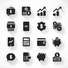 Minimalist set of 12 finance icons in silhouette style.