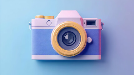 A Blue and Yellow 3D Rendered Camera with a Lens on a Blue Background