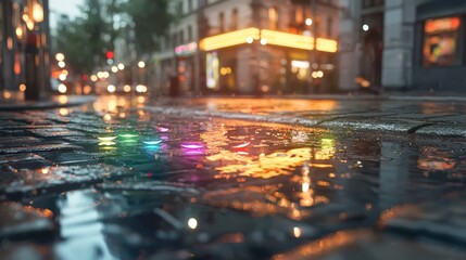 Obraz premium Vibrant Reflections on Wet Pavement during Rainy Evening in Urban City Streets with Colorful Lights and Soft Bokeh Effect Enhancing the Atmosphere