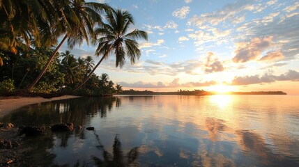 Tranquil Tropical Sunset Over Calm Waters with Palm Trees Silhouetted Against a Colorful Sky and Reflecting Light on Serene Ocean Surface