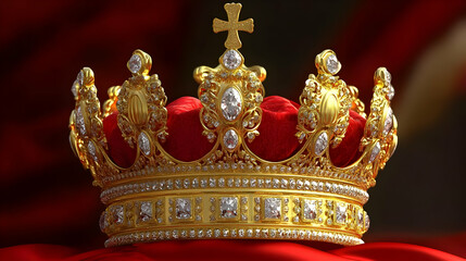 Obraz premium A Close-Up of a Golden Crown Adorned with Sparkling Diamonds Resting on a Crimson Velvet Cushion, Radiating Regal Splendor and Majesty.