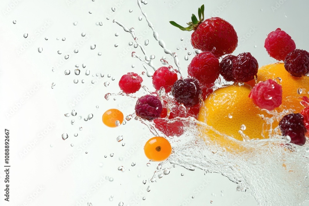 Poster a splash of fruits, including raspberries and oranges, creating a refreshing visual effect.