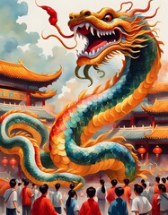 Fototapeta premium Chinese New Year celebration, serpent costume parade through traditional streets cartoon style.