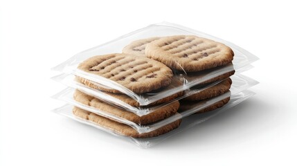 Cookies in transparent packaging on a white background, highlighting their appeal and freshness for bakery and snack promotion.