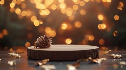 Rustic Pinecone on Wooden Pedestal with Warm Holiday Bokeh Background