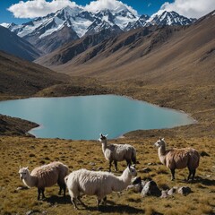 Obraz premium A high-altitude Andean lake with wild llamas grazing nearby.