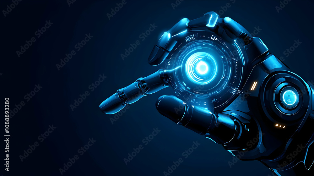 Poster a futuristic 3d render of a robotic hand interacting with a glowing blue circle interface